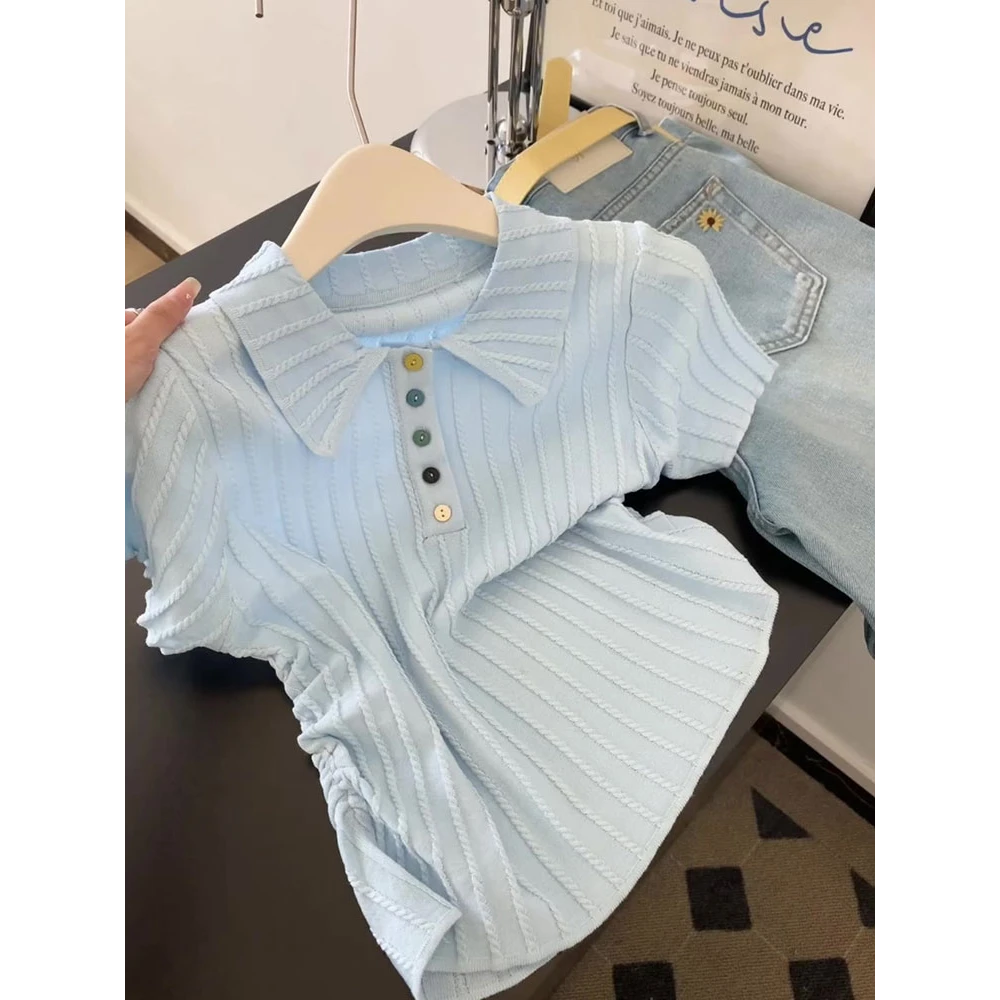 蓝色高级彩扣条纹翻领短袖女2025年夏季新款收腰设计小众甜美上衣