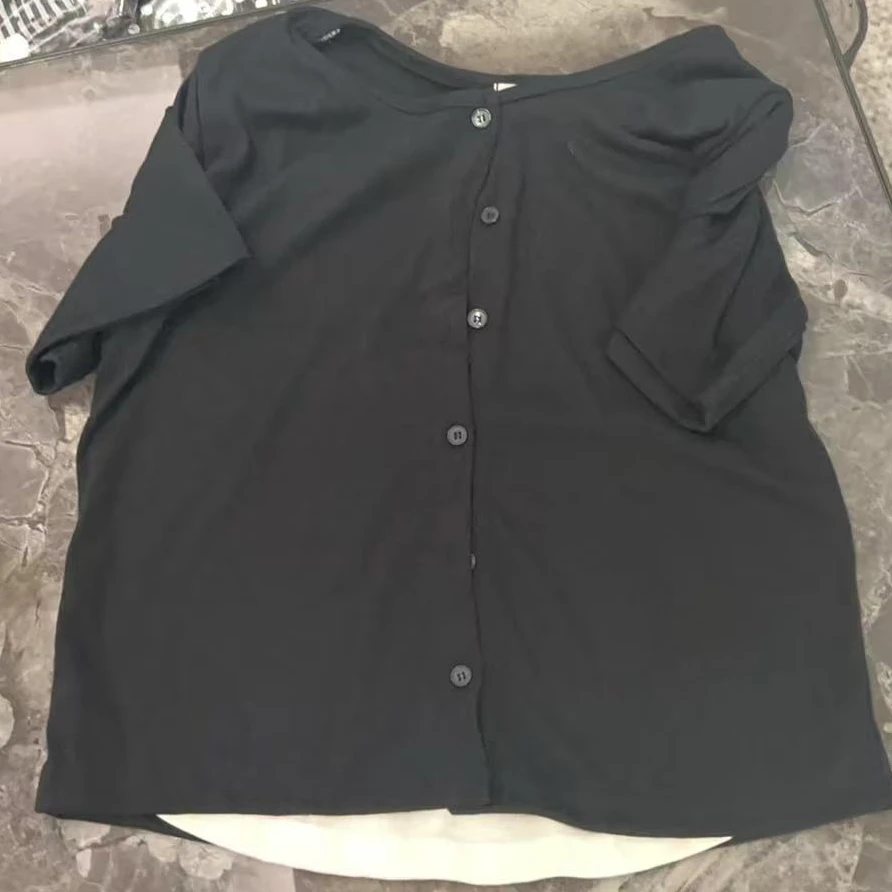 【NO退NO换】韩国东大门韩允儿2025夏款黑色假两件短袖T