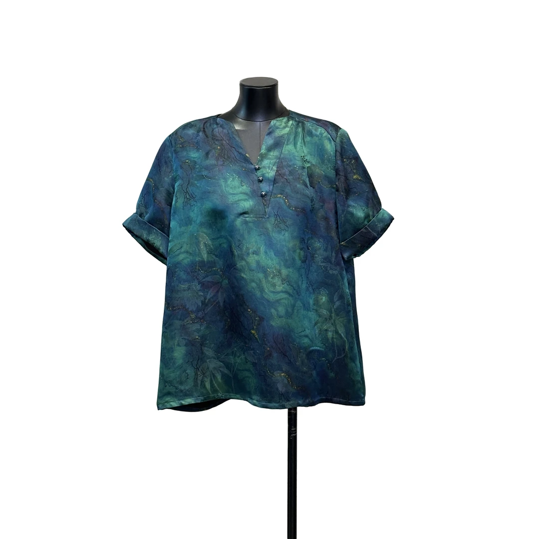 利琪高订国风星临气质水墨百搭小V领短袖衬衫A6169