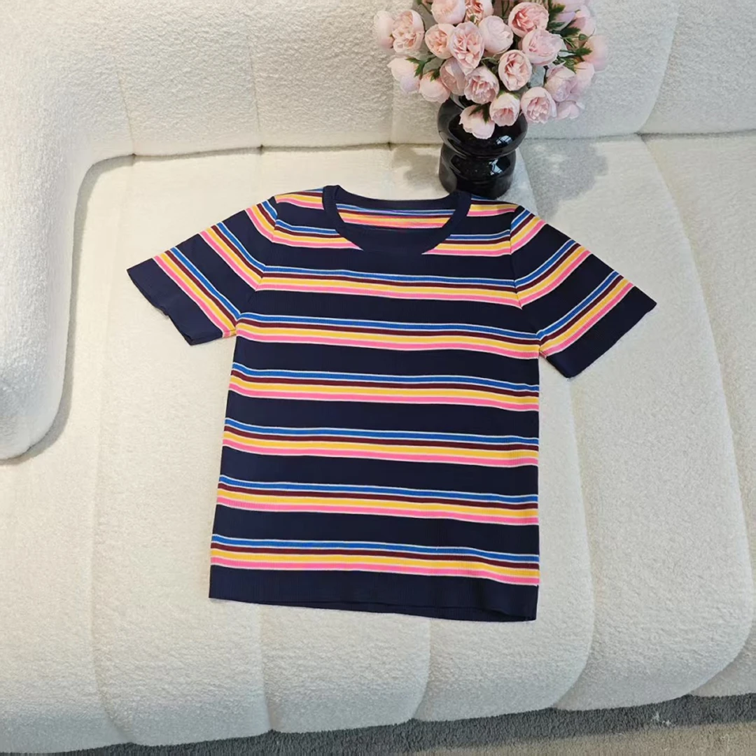 5424彩色条纹针织短袖圆领修身气质针织上衣