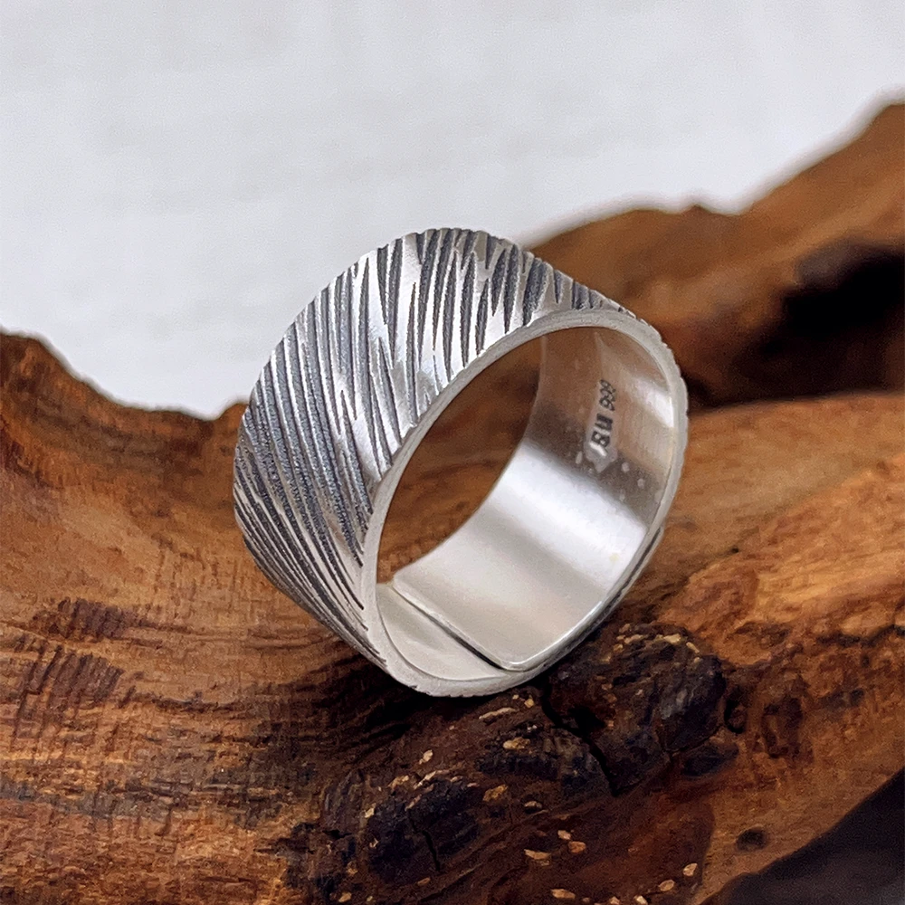 足银戒指 落霞银铺足银999复古斜纹戒指男女宽版时尚小众手工指环