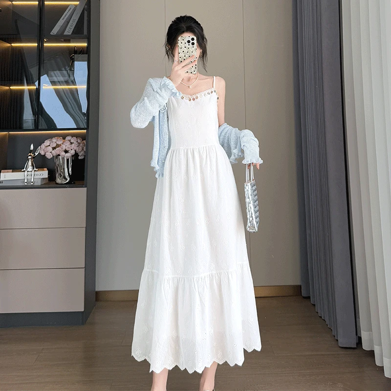 法式甜美白色吊带连衣裙女夏2025新款温柔风小清新显瘦气质初恋裙