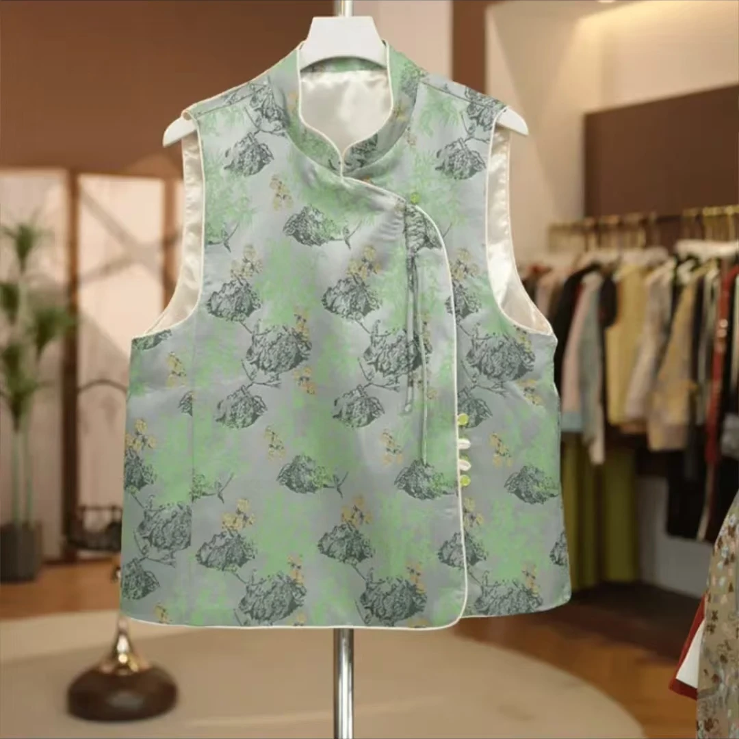 （绿茵）新中式国风织锦斜门襟马甲复古气质上衣