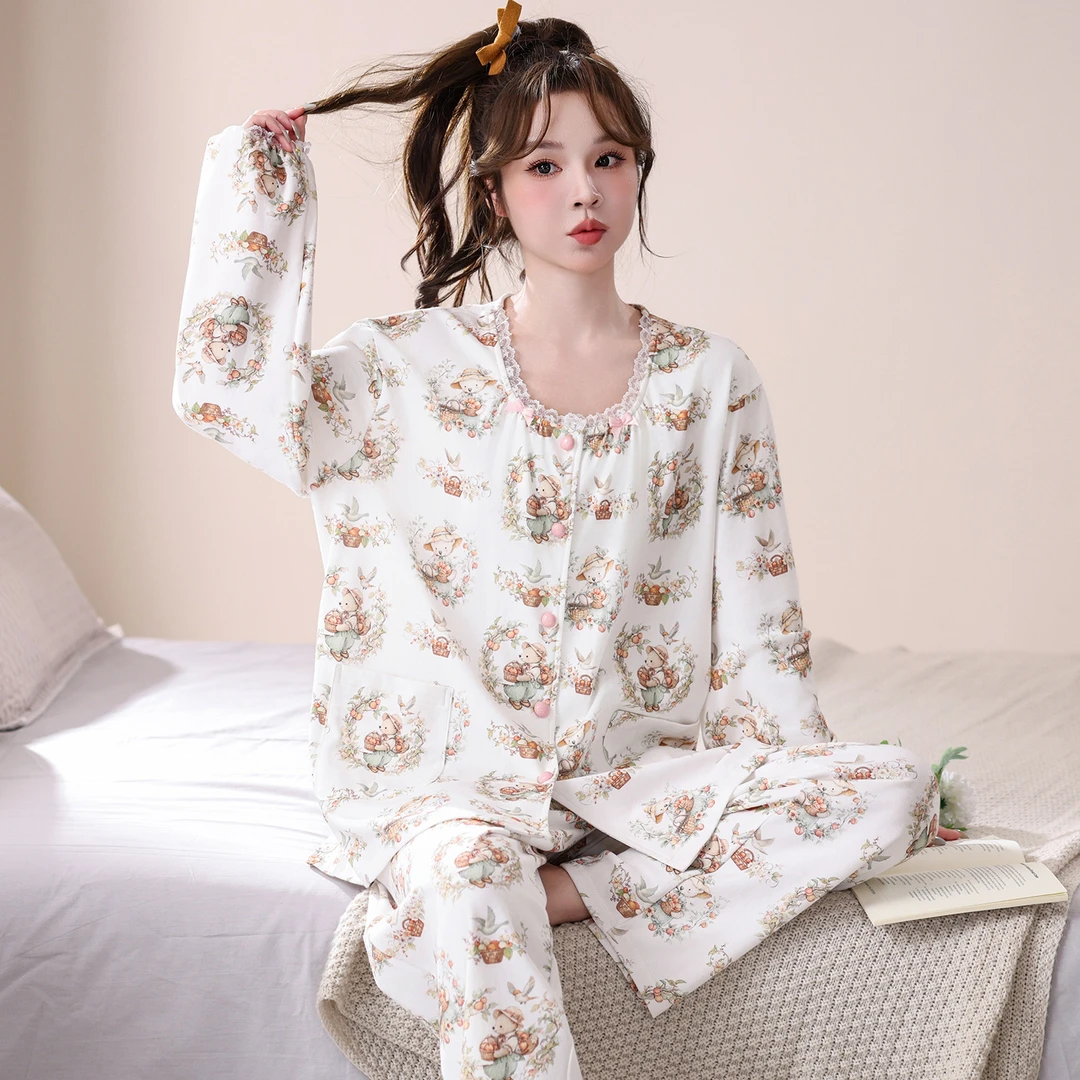 大码女睡衣加肥加大200斤胖mm秋季纯棉甜美风蕾丝花边家居服春秋