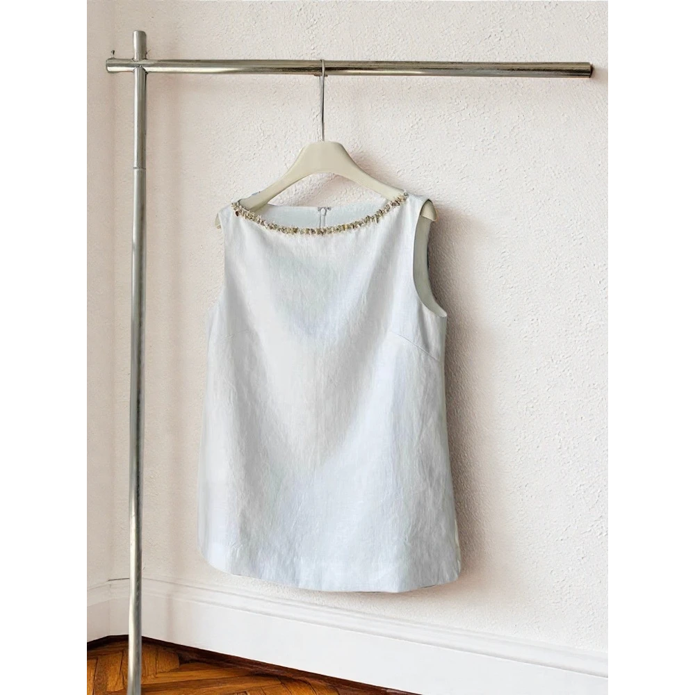 美爆了！巨喜欢这件！高级感气质一字领重工钉珠无袖背心上衣女夏季