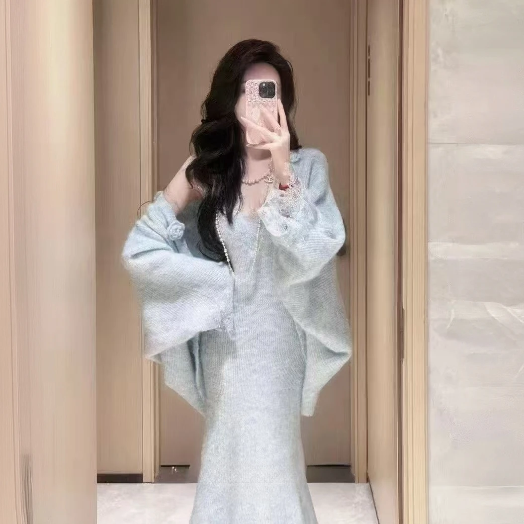 【晨浠定制】新款气质森系蕾丝吊带连衣裙开衫外套套装495