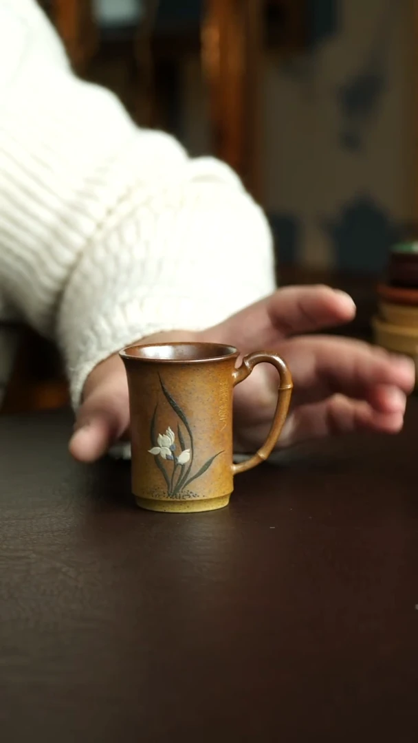 茶杯紫砂38号 柴烧兰花把杯70毫升 宜兴紫砂原矿作品