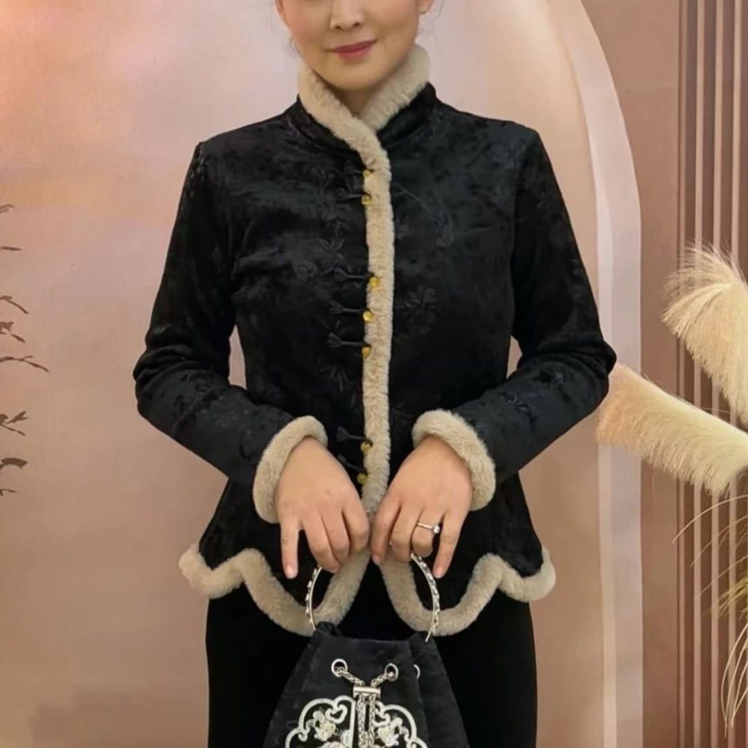 K 暗纹提花盘扣丝绒新中式长袖上衣时尚百搭气质减龄中国风