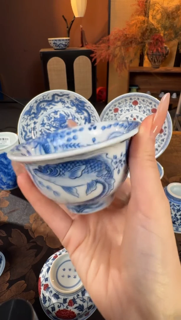 杯子陶瓷望月怀古青花鱼多多压杯