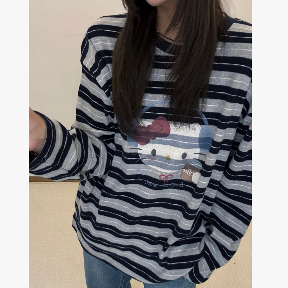 DEZI舒适耳机小猫圆领显瘦条纹T女打底LS7157088