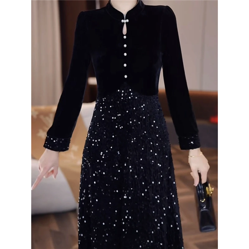 高档黑丝绒连衣裙女春季2025新款端庄优雅气质阔太太中长款礼服裙