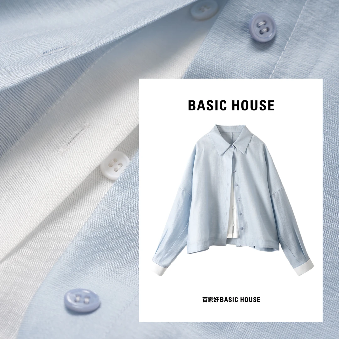Basic House/百家好2025夏季新款翻领设计假两件衬衫外套4252 XY