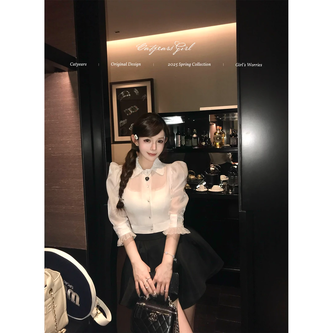 Catyears猫年【轻氧入夏】泡泡袖欧根纱衬衫短款千金感气质雪纺上衣