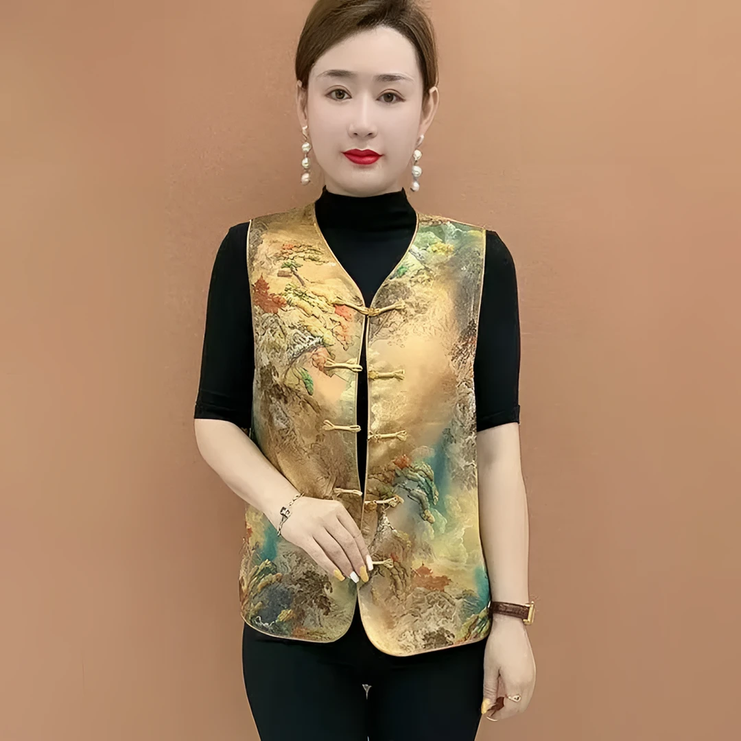 国风单排扣秋季印染女薄款工字型马夹复古马甲百搭中国风妈妈装