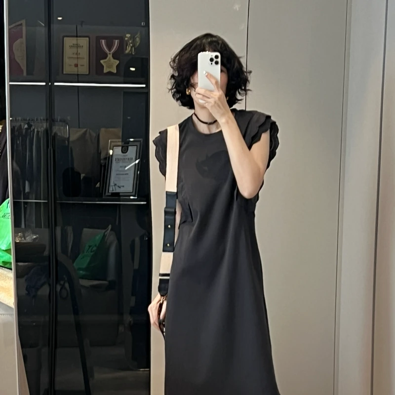 Y2EXL7188S花边拼接无袖宽松连衣裙韩系温柔设计感纯色慵懒感长裙