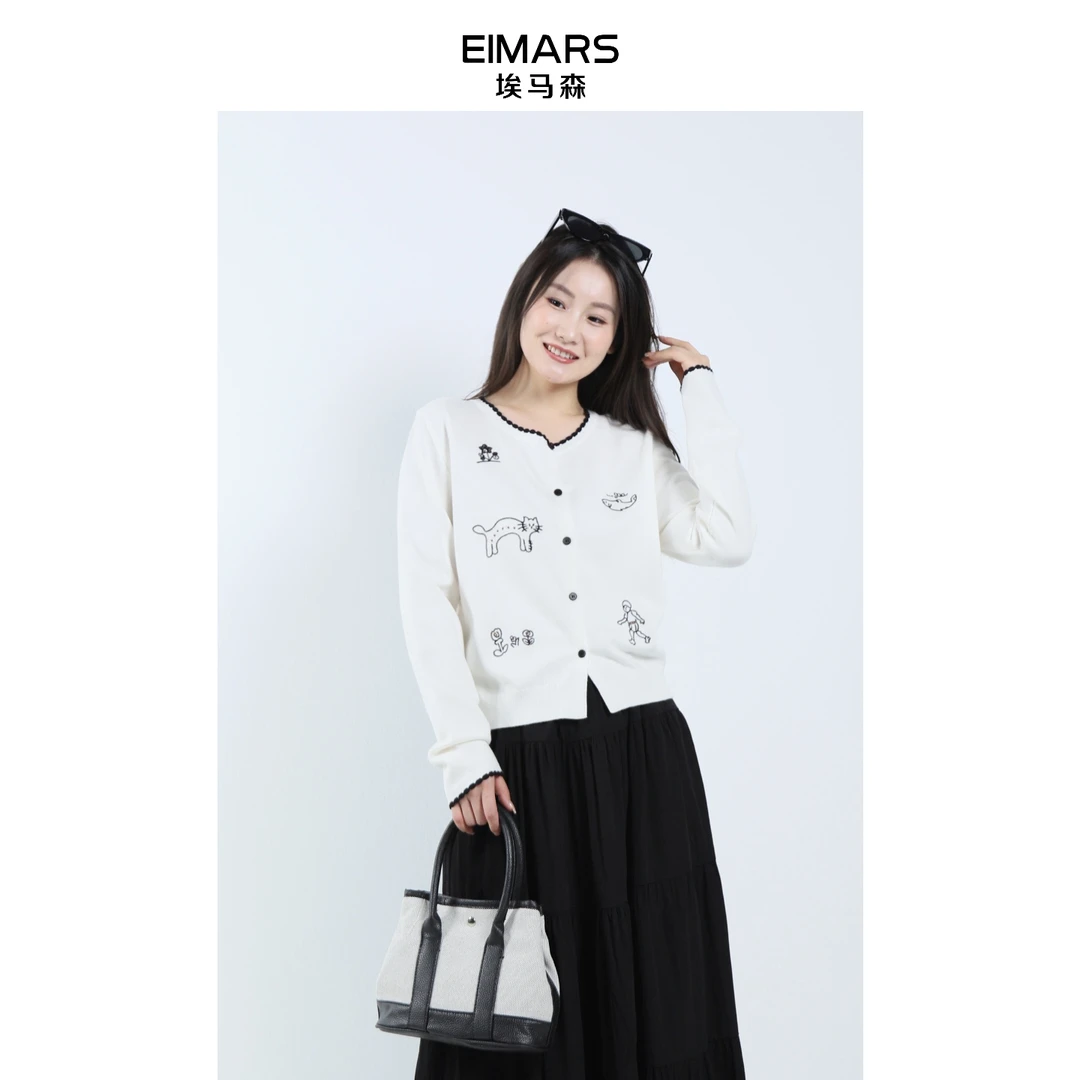 EIMARS埃马森25秋季卡通刺绣长袖针织拼接针织衫21243003
