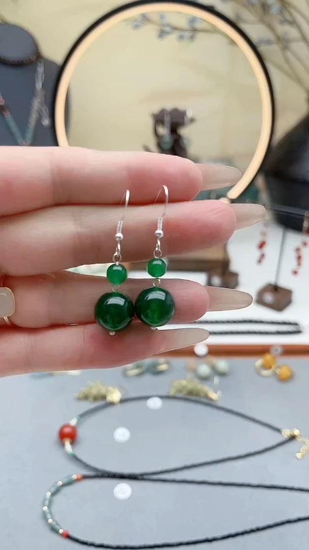 玛瑙/玉髓耳饰银S925镶嵌00绿色葫芦款