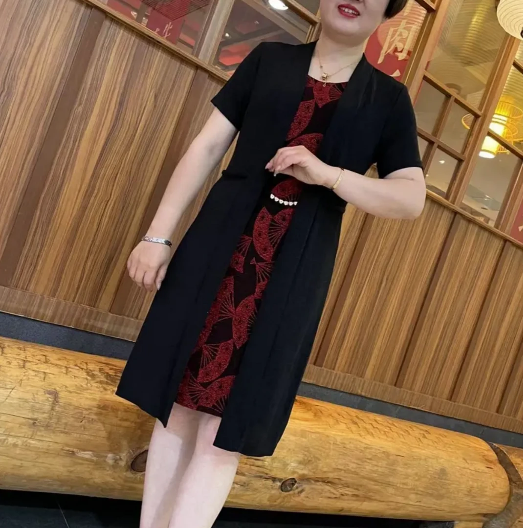 8609夏装玫瑰花色裙子黑色短袖中年妈妈气质夏季连中长款裙子601#