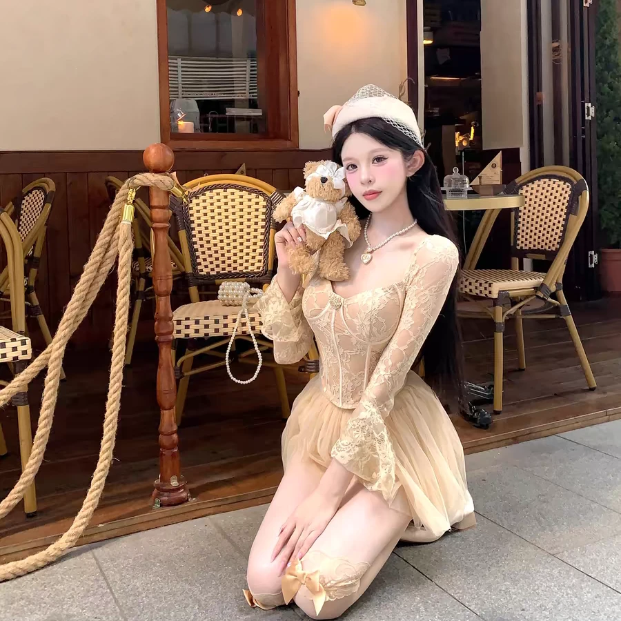 大码春季法式蕾丝辣妹套装女新款长袖上衣网纱半身裙套装10794