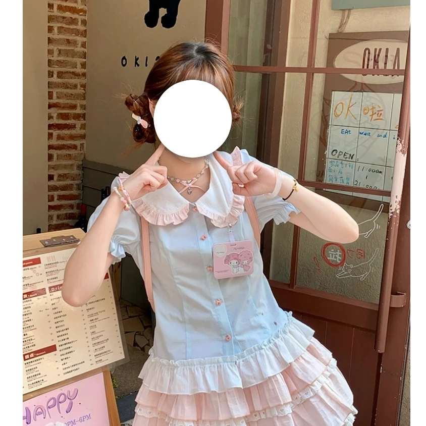 【兔兔学院】夏日漂亮小套装蓝撞粉色衬衫上衣+粉色半身裙连衣裙套