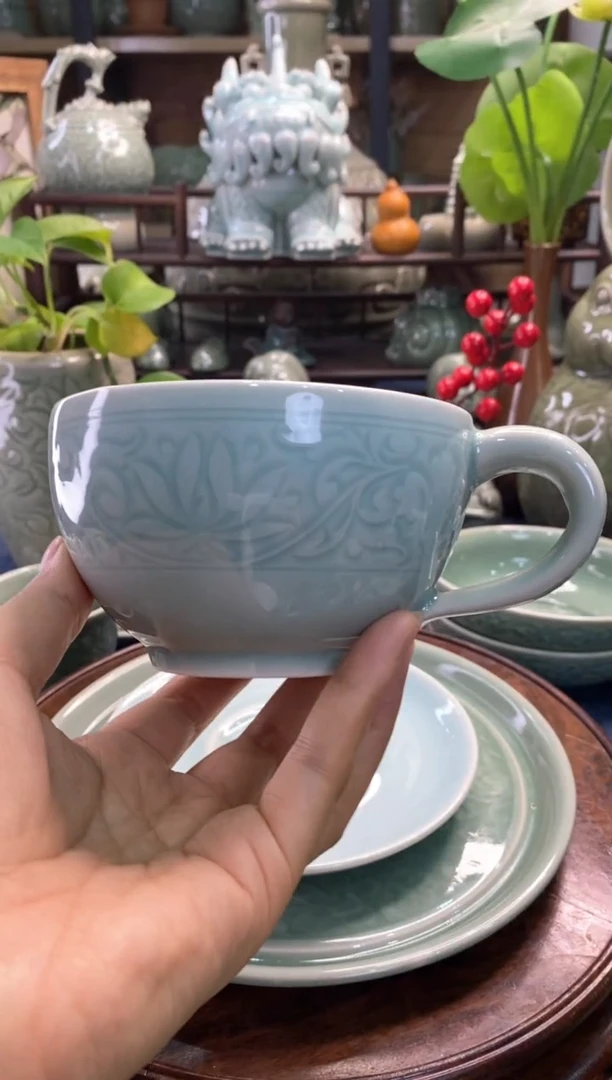 耀州窑XG001 微瑕 莲纹天青咖啡杯 1个（不含托）