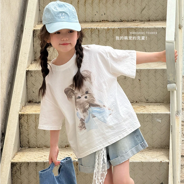 女童短袖T恤卡通小狗印花宽松百搭白T恤上衣夏季E52G2022