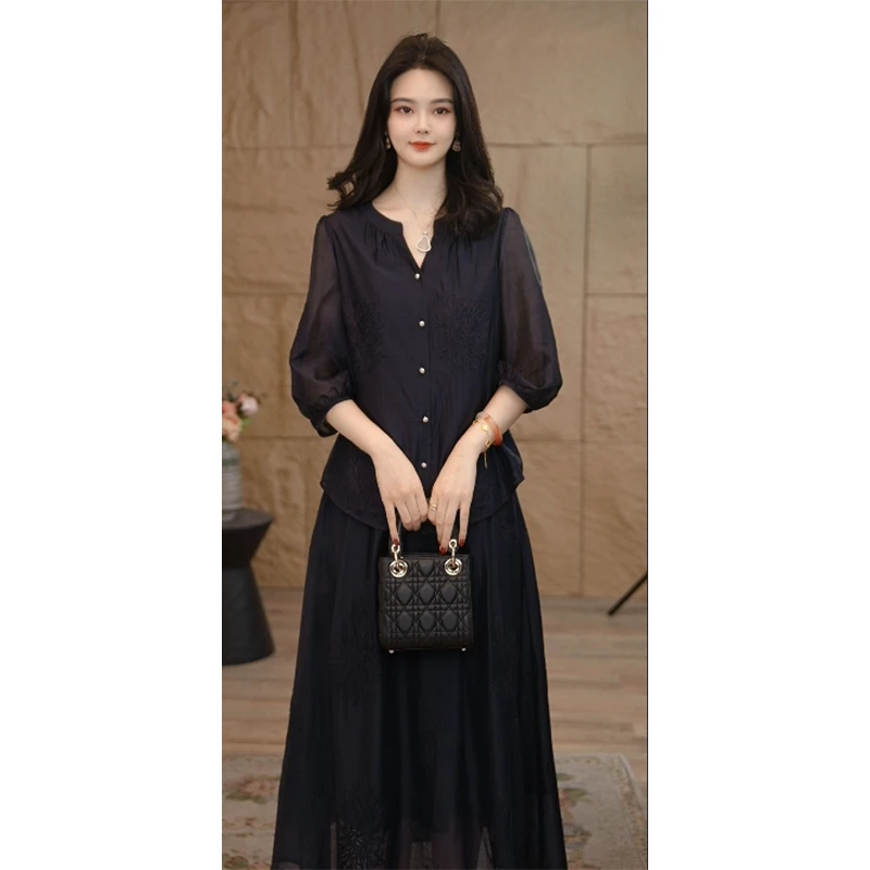 【小陈甄选】25夏季爆款莱赛尔外穿女圆领短袖衬衣8592885藏青色