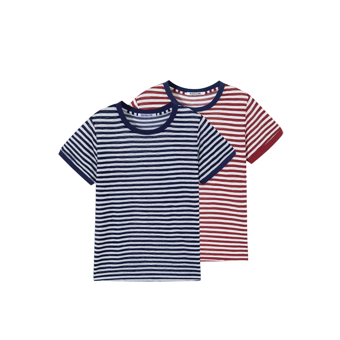 自媒体海魂衫撞色条纹圆领短袖T恤女宽松百搭休闲复古上衣 683