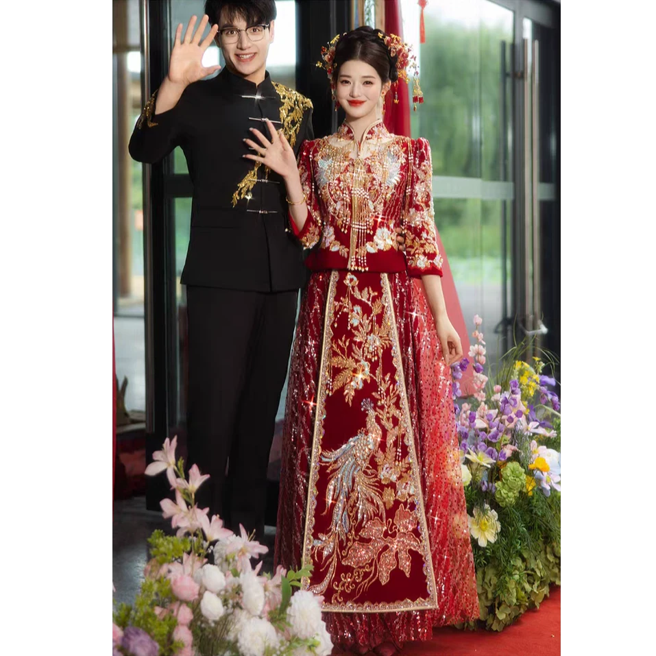 2025新款丝绒轻纱重工奢华秀禾服敬酒出阁嫁衣礼服高级感立肩婚服