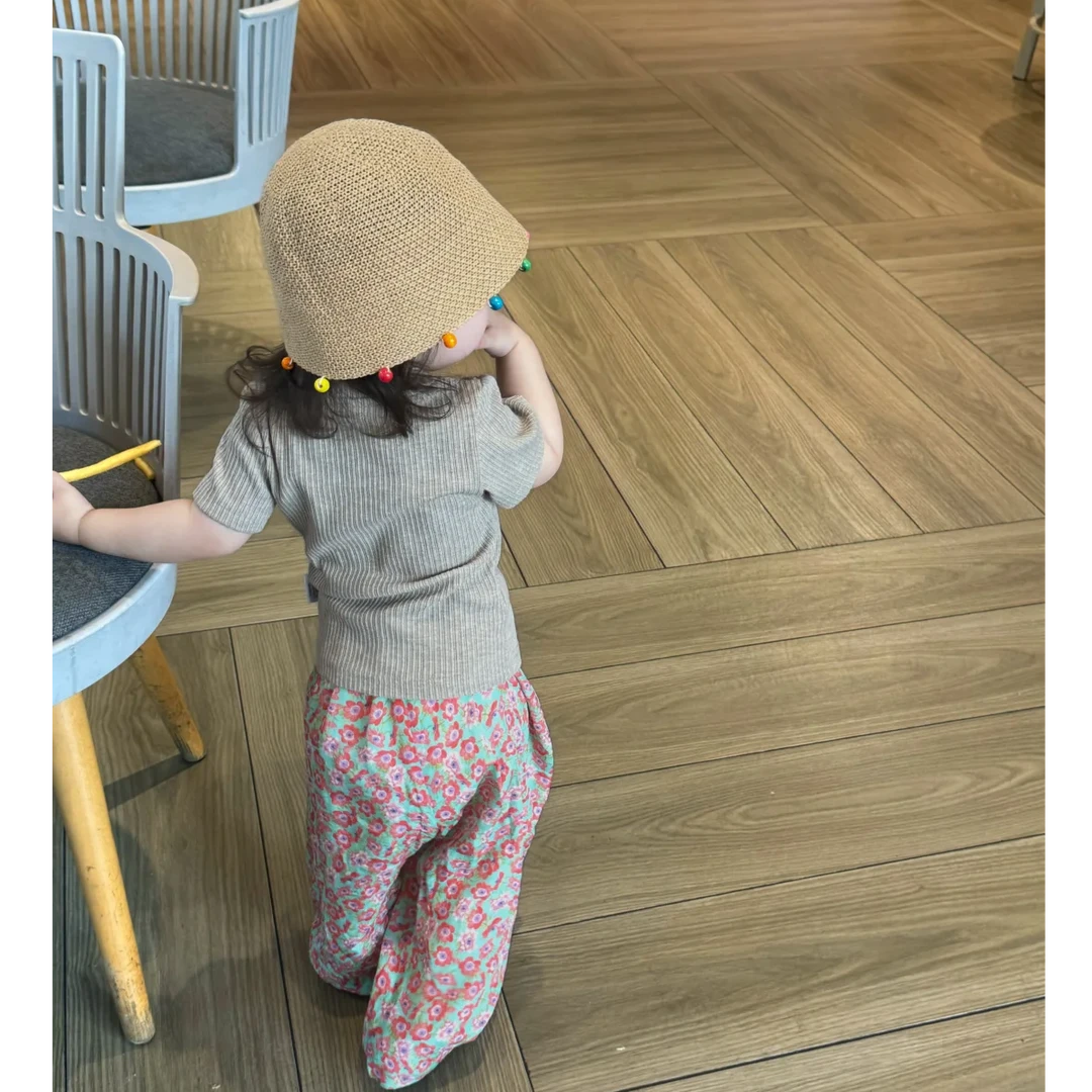 壹妈女童短袖T恤2025新款夏装儿童韩范洋气碎花裤子百搭灰色上衣