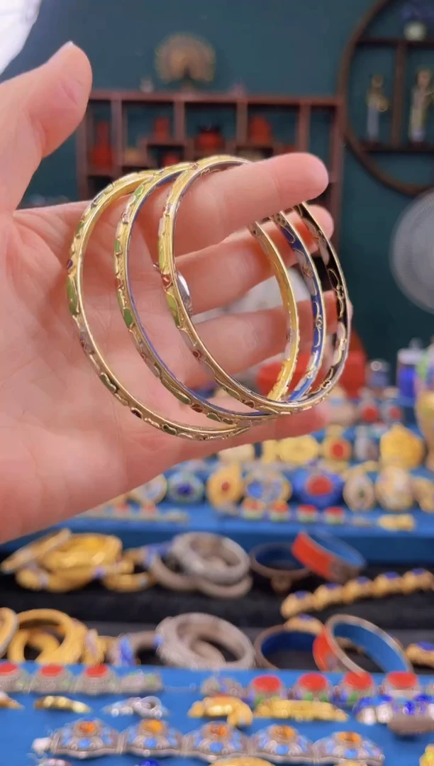 非遗景泰蓝手镯 叮当镯 金地 一组三只 58-64