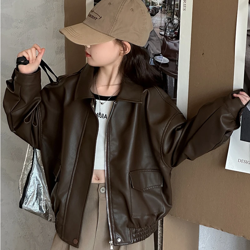 女童皮衣夹克外套春秋2025新款儿童洋气翻领短款上衣女孩潮酷穿搭