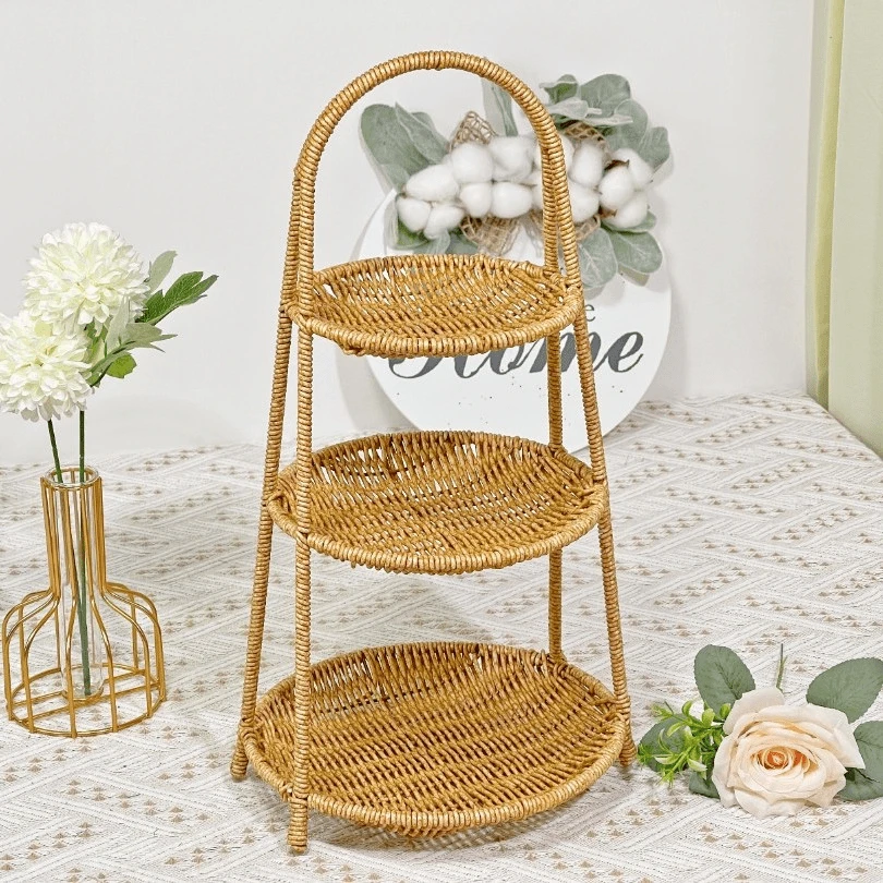 手工编织三层点心架子仿藤田园客厅收纳筐收纳架16*19*22/42