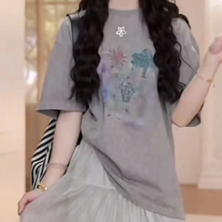 设计感百搭卡通短袖T恤女2025新款夏季薄款时尚休闲圆领半袖上衣