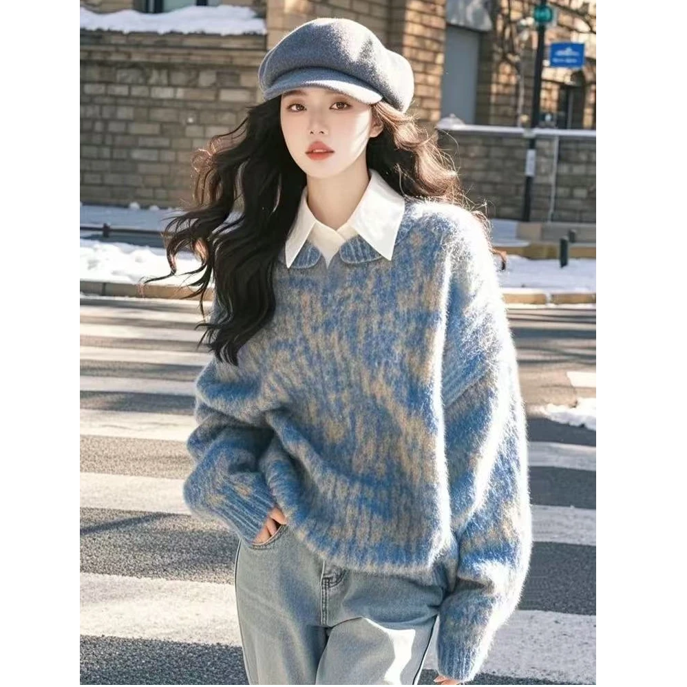 奶fufu慵懒高级感超好看软糯设计感蓝色撞色晕染翻领针织毛衣女冬