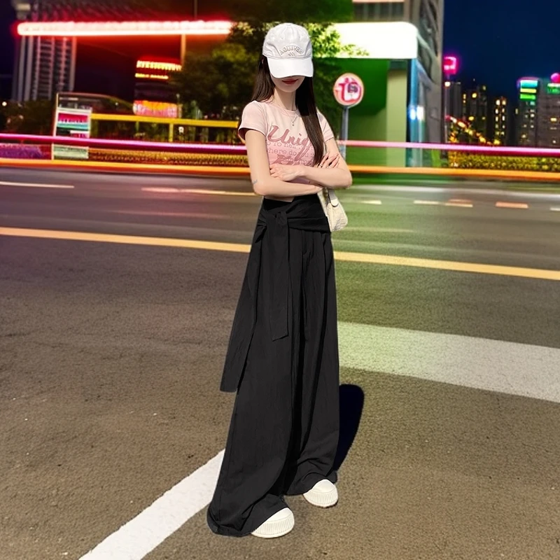 时尚休闲高个子铜氨丝肌理水洗棉假两件绑带夏季百搭屁帘西装阔腿