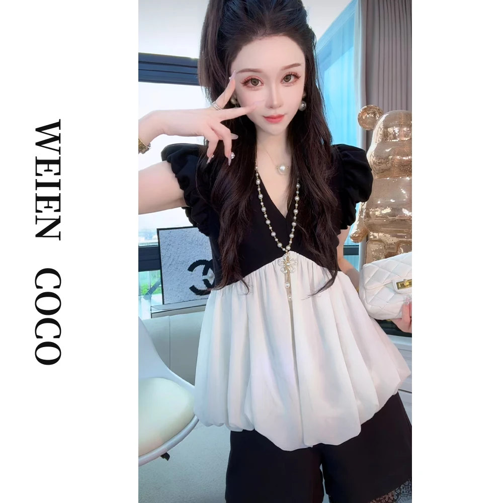 【薇恩COCO】时尚镂空上衣气质修身V领夏季日常短袖上衣K4861