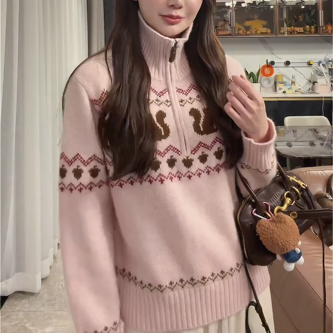 2025秋冬新款气质时尚宽松套头针织小松鼠费尔岛毛衣女LK2507785