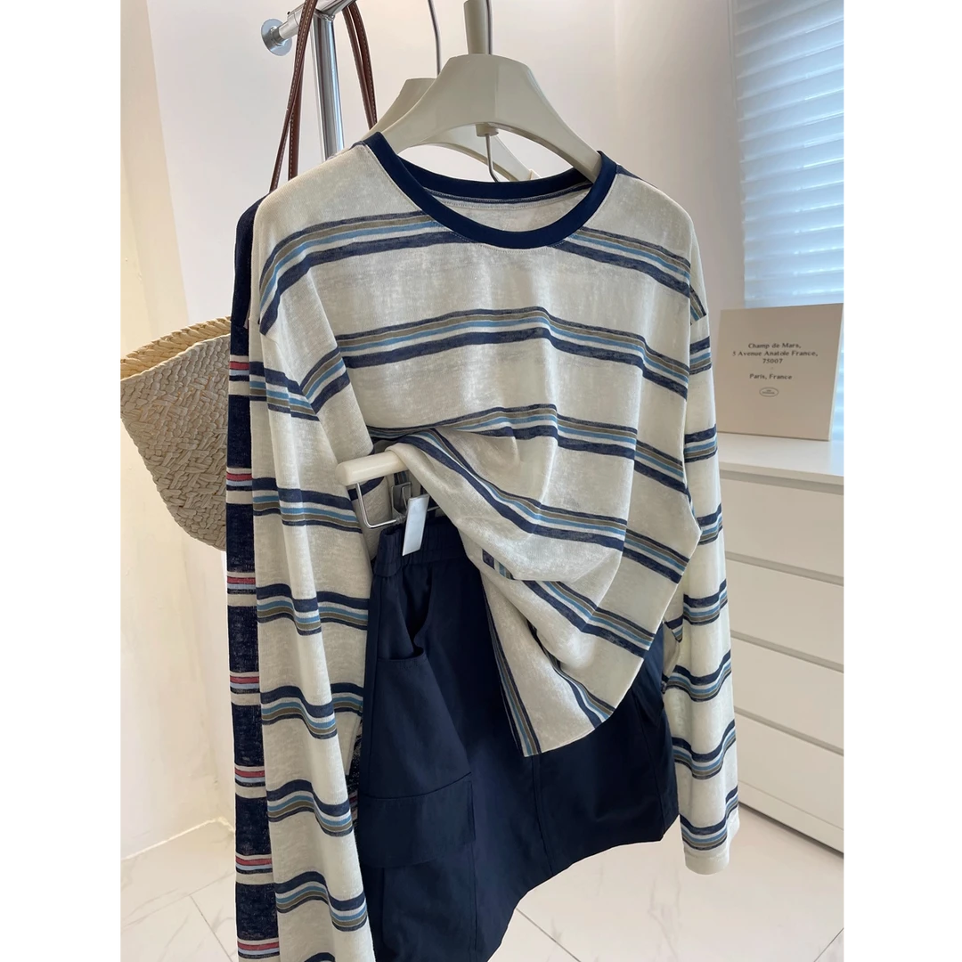 韩版复古条纹撞色薄款微弹圆领长袖T恤女宽松慵懒防晒衫上衣秋季