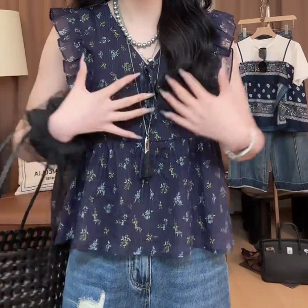 【水星记】韩系木耳边定制面料碎花小v领上衣t恤显瘦印花夏季