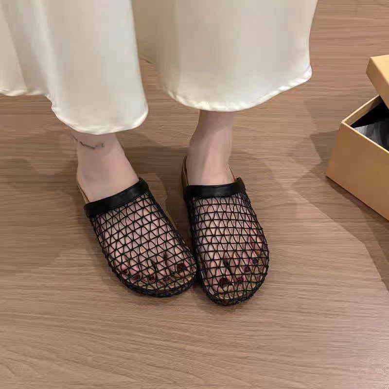 厚底勃肯鞋渔网5096包头半拖鞋女夏外穿2025新款一脚蹬镂空网面