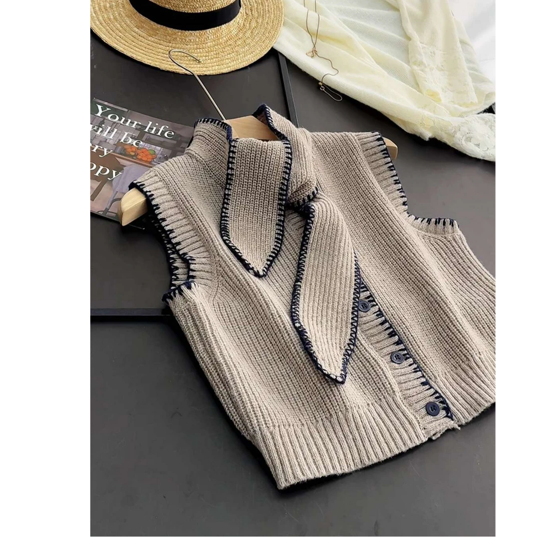 2024秋冬新款甜美时尚百搭系带装饰无袖针织衫马夹纯色洋气马甲