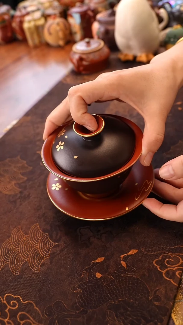 茶壶紫砂朱泥黑金三才盖碗