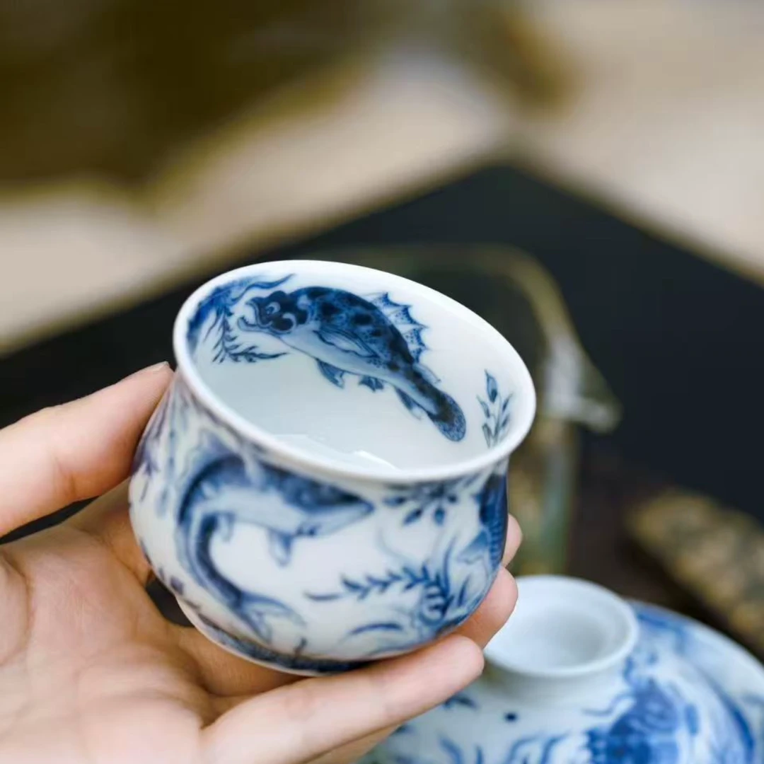 望月怀古鱼多多钱袋杯满绘鱼藻陶瓷纯手工缠枝主人杯手绘中式茶杯