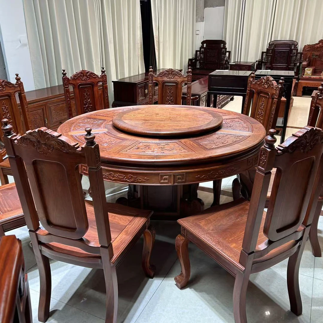 红木圆桌全国标红木缅甸花梨木学名大果紫檀全料老料圆台餐桌