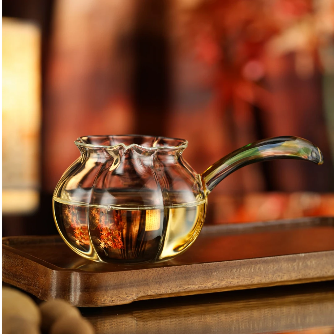 禾器迷翠·纳福茶海侧把公道杯高硼硅玻璃公道杯350ml禾器茶具绿色