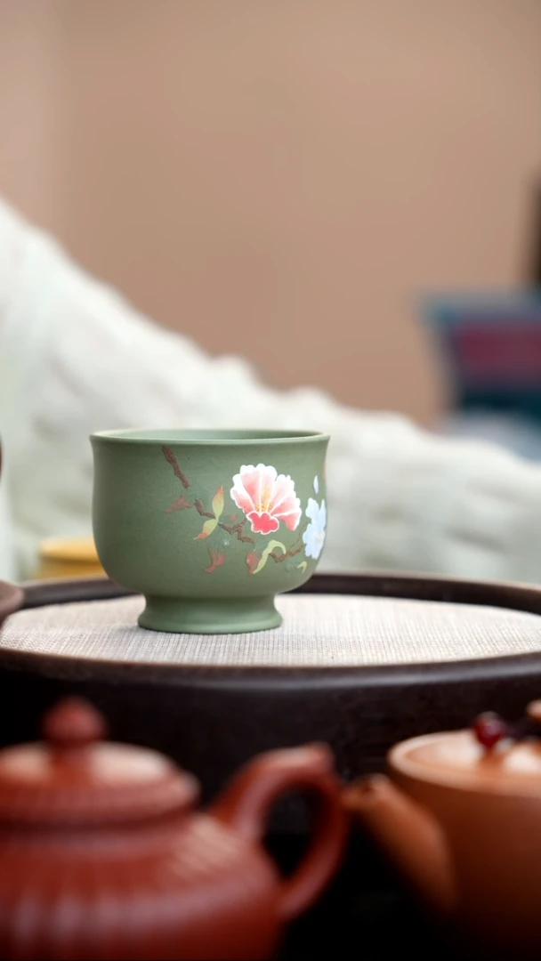 茶壶紫砂豆青砂泥绘花杯