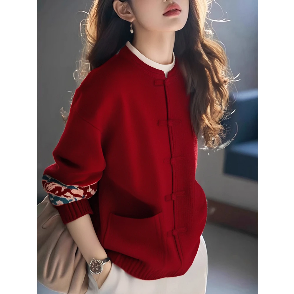 2025秋季高级感超好看慵懒风独特别致新中式国风红色针织衫毛衣女