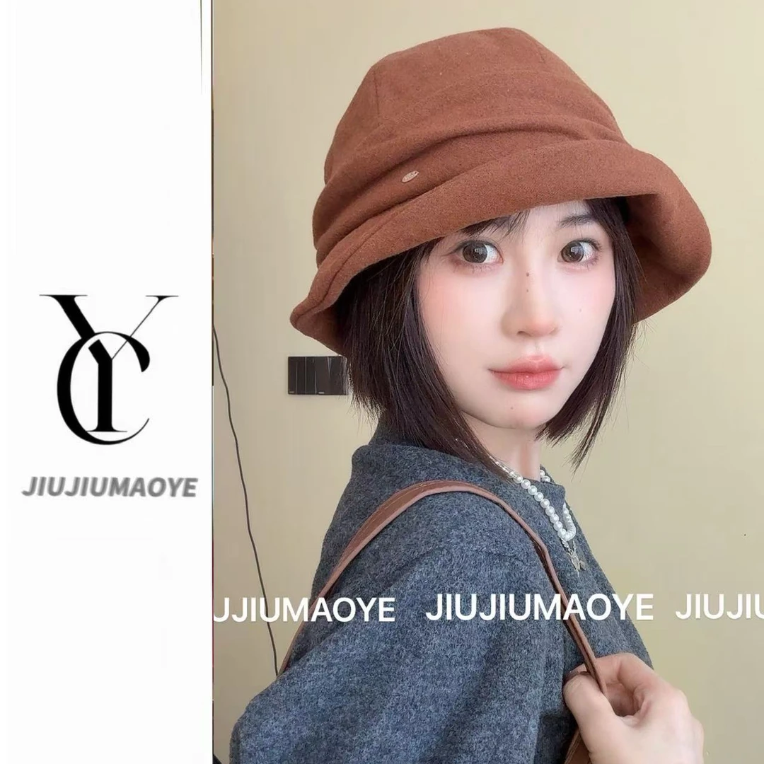 日韩出口~秋冬新款羊毛呢渔夫帽子高级感显脸小褶皱堆堆盆帽时尚