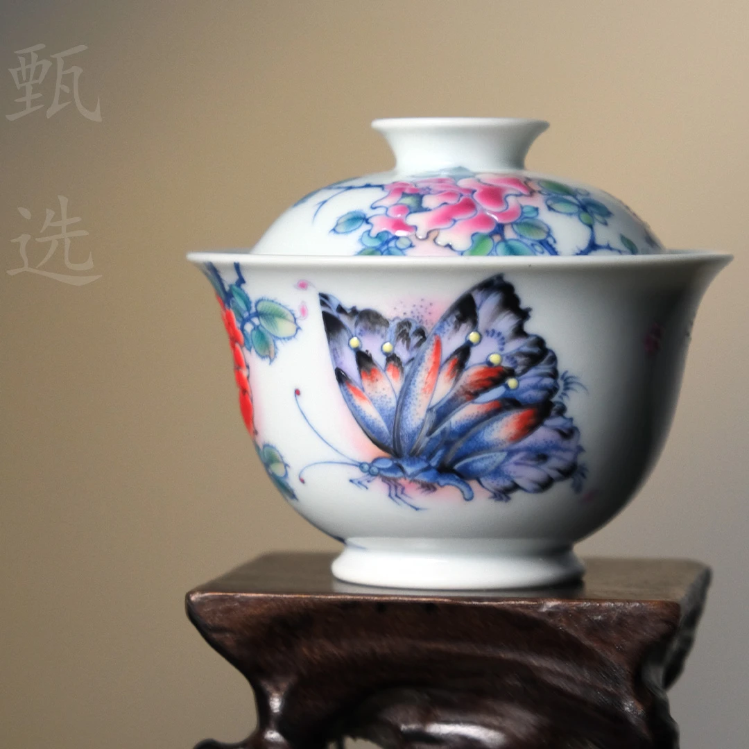 【器度甄选】六逸堂 青花斗彩 蝶恋花系列 盖碗茶器